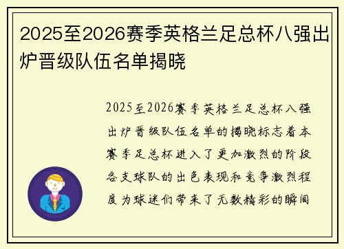 2025至2026赛季英格兰足总杯八强出炉晋级队伍名单揭晓